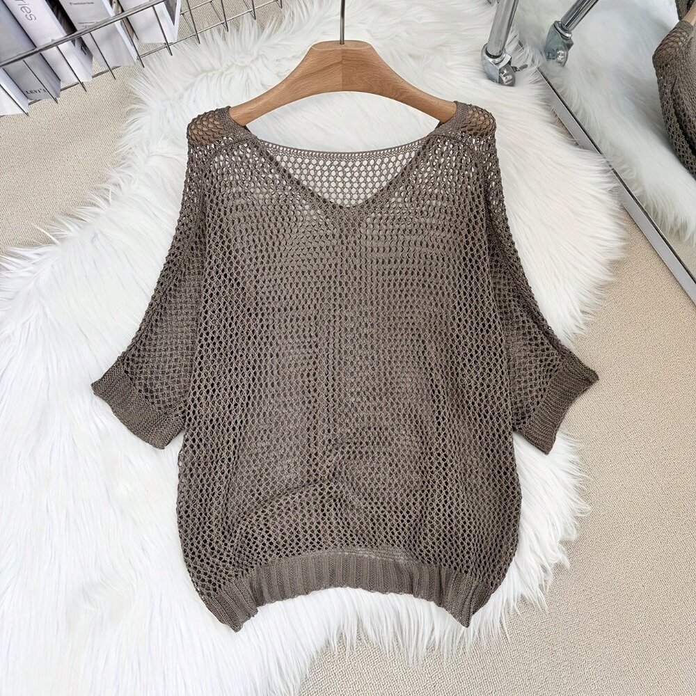 Khaki Casual Women's Loose Knitted V-Neck Sweater with Hollow-Out Short Sleeves - Picture 3 of 6